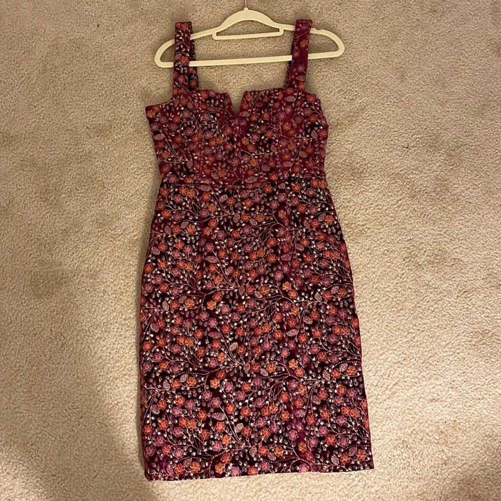 Fall Wedding Guest Dress - Burgundy Velvet with Gold & Floral Embroidery